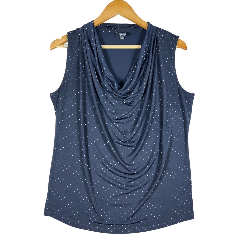 RETRO Navy Blue‎ Gold Embellished Dot Sleeveless Cowl Neck Top Medium